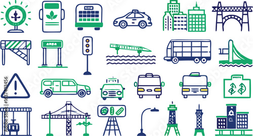 Transportation and urban infrastructure icons in a doodle art style with green and blue colors city traffic