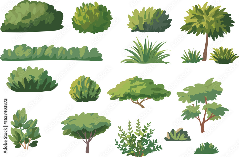 Fototapeta premium PrinCollection of green bushes, shrubs, and small trees illustration, natural foliage, landscaping plants, tropical garden elements, eco-friendly nature design sett