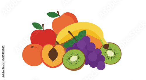 Illustration of various fruits. Apples, peaches, banana, kiwis, and grapes piled up