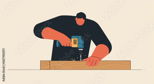 Man uses electric drill to bore a hole through the wood plank on a bright backdrop
