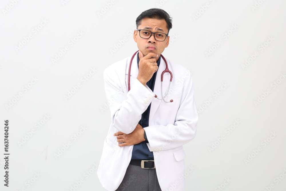 Asian adult male doctor standing wearing doctor's coat, stethoscope on neck, arms folded, finger on chin showing serious thinking gesture while looking forward, isolated on white background. Asian adult male doctor standing wearing doctor's coat, stethoscope on neck, arms folded, finger on chin showing serious thinking gesture while looking forward, isolated on white background.