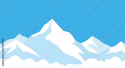 Flat design of white snow-covered mountain peaks and light blue sky