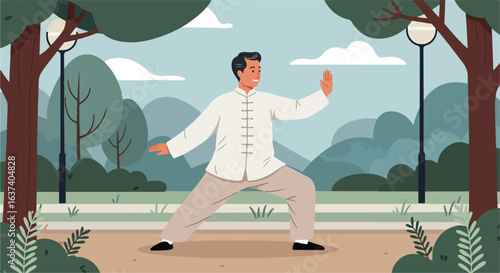 Serene park scene of a man practicing Tai Chi among trees and walking paths