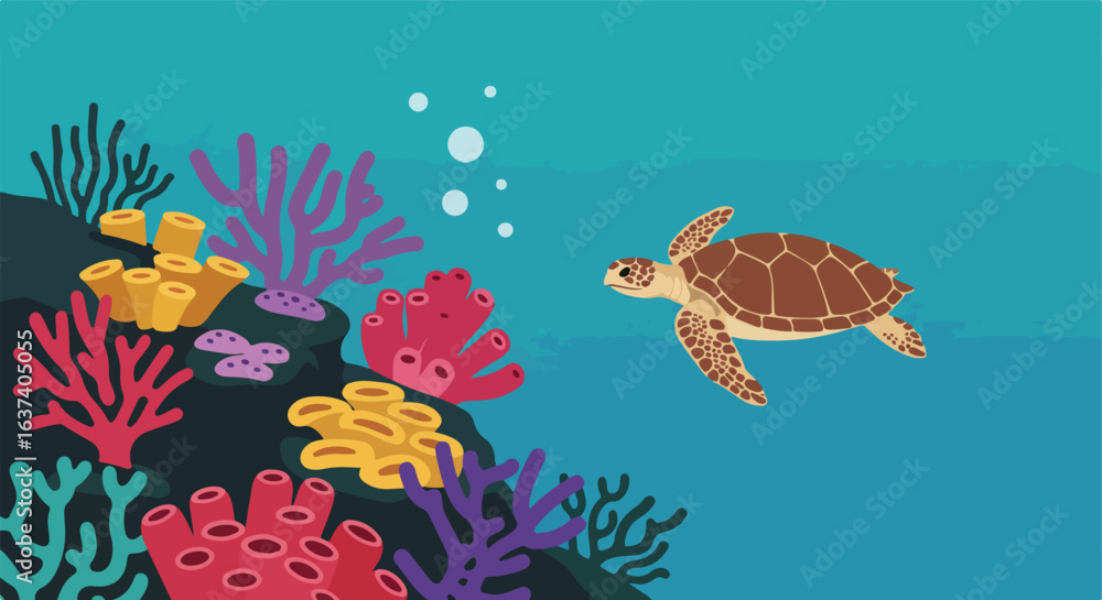 Cartoon turtle swims near vibrant coral reef with bubble accents in the blue sea Cartoon turtle swims near vibrant coral reef with bubble accents in the blue sea