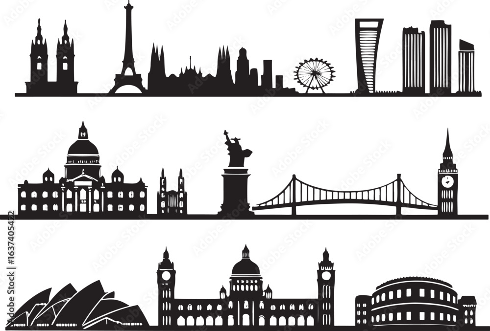 Obraz premium City Skyline & Landmark Icons Silhouettes on White Background