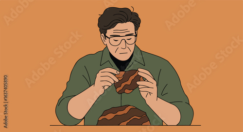 Person with glasses examines a rock formation, curious and thoughtful expression