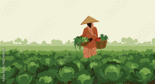 Farmer in field with baskets full of fresh produce, under a simple hat