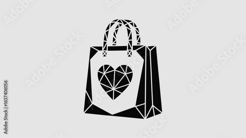 Chic geometric shopping bag with a heart motif embodies modern style and a passion for curated purchases, perfect for retail branding and fashion promotions.