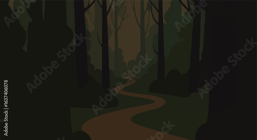 Winding path through an enigmatic forest with dark foliage and tall trees