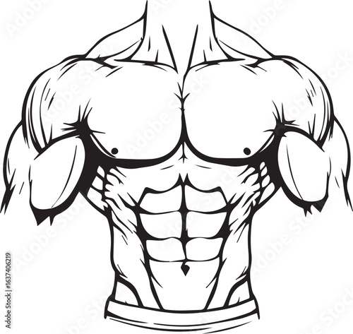 Black and white stylized drawing of a muscular upper body with defined chest, arms, shoulders, and six-pack abs