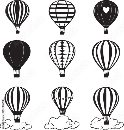 Grid of 9 unique black and white hot air balloon illustrations with varied patterns and clouds beneath the bottom row