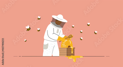 Beekeeper in protective gear handles honey in a hive with flying bees around