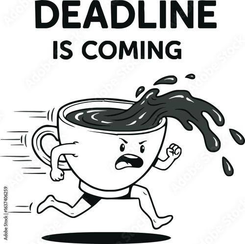 A cartoon coffee cup runs frantically, spilling coffee, with the text "Deadline Is Coming".