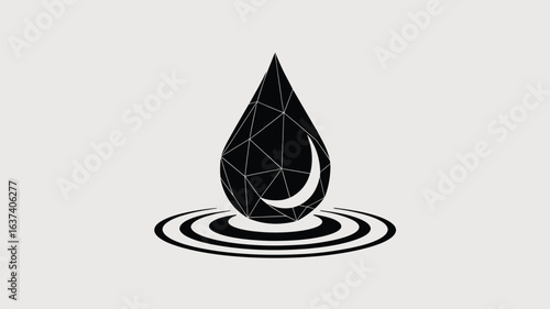 Striking geometric black water drop with crescent moon detail creates ripples on a clean surface perfect for modern branding and design projects