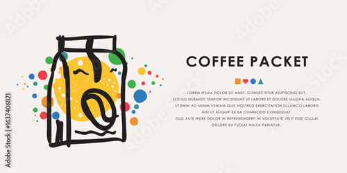 Coffee packet doodle icon, banner concept vector design.