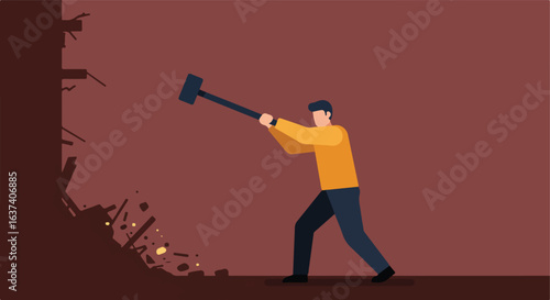 Man breaking a wall. With a sledgehammer, he is destroying the wall