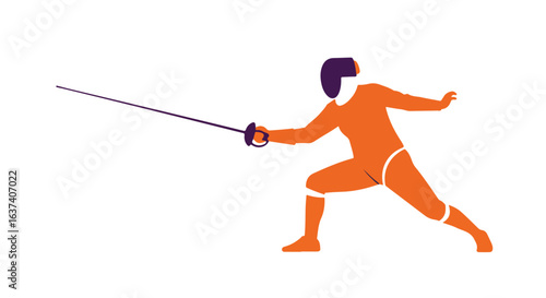 Silhouette of a fencer in orange, holding a foil. Masked, athletic pose, simple design