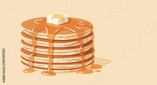 Stack of fluffy pancakes with dripping syrup and a pat of butter on light background