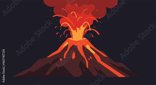 Fiery eruption orange lava flows down the volcanic mountain, red smoke ascends