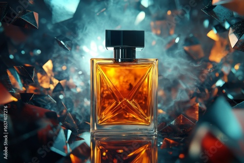 Amber perfume bottle in a dramatic setting.