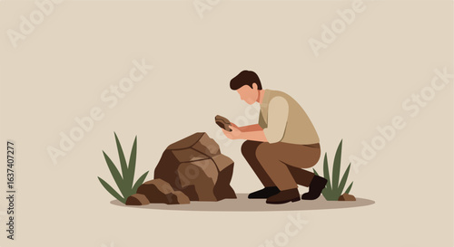 Person examines rock, kneeling. Green foliage. Neutral background. Simple illustration