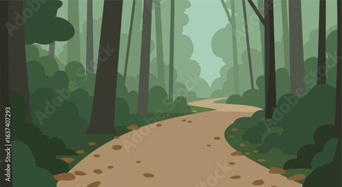 Forest path view with tall trees and light green shrubs with soft, muted colors