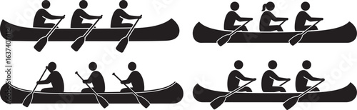 Four canoes with paddling figures silhouette
