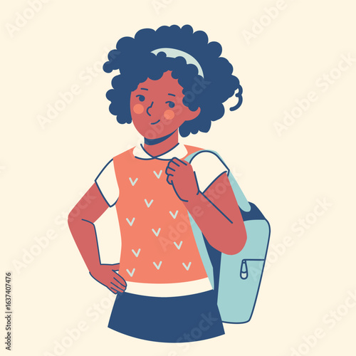 Happy African American schoolgirl with backpack, celebrating diversity in education. Ideal for inclusive school posters, educational apps, and multicultural learning resources in flat vector style