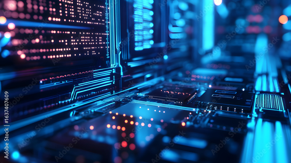 Obraz premium Abstract Digital Data Network Glowing Blue Circuits and Binary Code