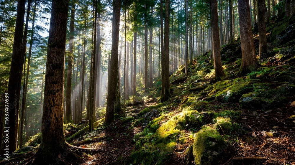 Obraz premium Sunlight streams through a misty forest.