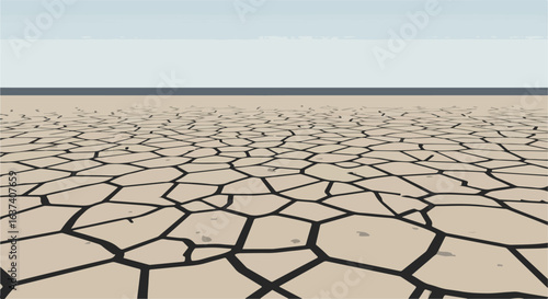 Arid landscape view shows a cracked, dry earth under a pale sky illustration