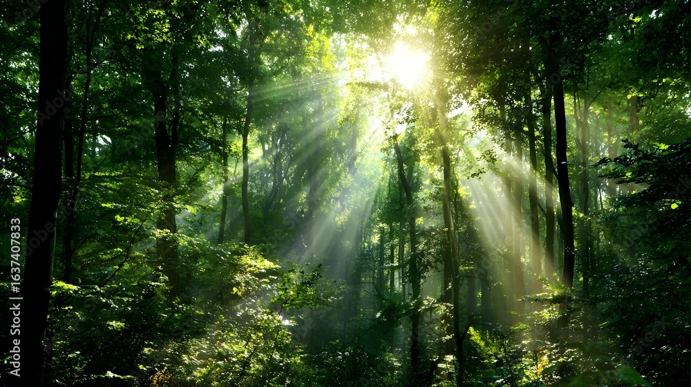 Obraz premium Sunlight streams through a lush forest canopy.