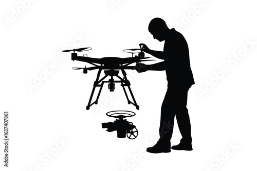 clean stylish elegant modern detailed high quality Silhouette of a man operating a drone with a camera and tripod capturing aerial footage in a professional setting