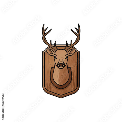 A stylized illustration of a deer head mounted on a wooden plaque, facing forward.