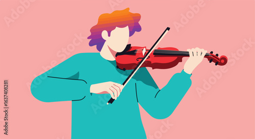 Person plays violin in teal shirt against light pink background, with rainbow hair