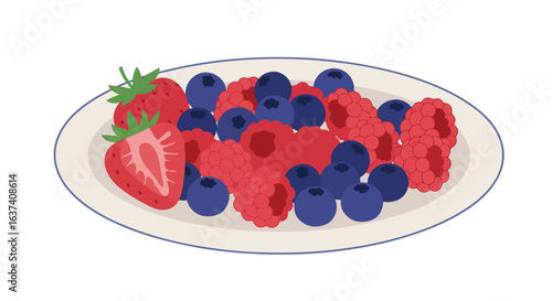 Plate of berries! Strawberries, raspberries, and blueberries on a white plate