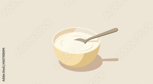 Dessert illustration Bowl of creamy yogurt with spoon on a plain, neutral background