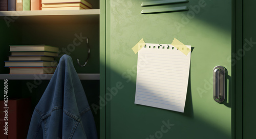 high-definition close-up of the inside of a green school locker