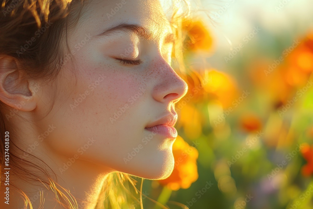 Fototapeta premium Close-up of a young woman's serene profile in a field of flowers.