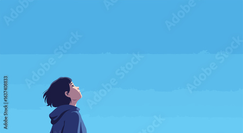 A figure in a hooded jacket gazes toward a vibrant blue sky, contemplating the future