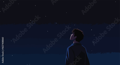 Person gazes at the starlit sky, dressed in a coat at night, looking up at stars