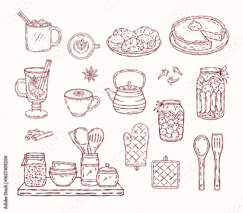 Autumn kitchen illustrations in outline style with cookware, baked goods, and hot drinks. Great for coloring books and café decor