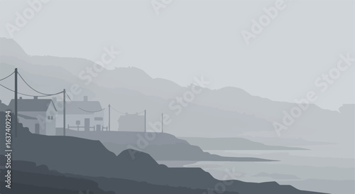 Grey muted townscape with houses on a misty coastline and rolling hills background