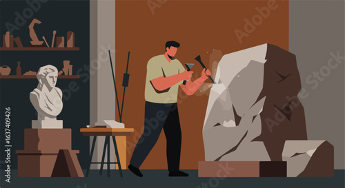 An artist chisels at a rock to create a statue with tools in a dim studio