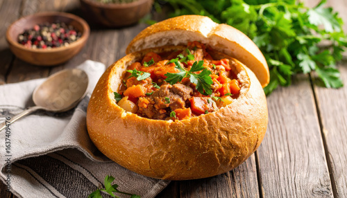 Traditional South African bunny chow served in bread bowl, filled with savory meat and vegetables, evokes warmth and comfort