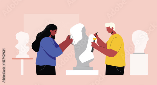 Sculptors chiseling & refining, crafting statues in studio; pink-beige background