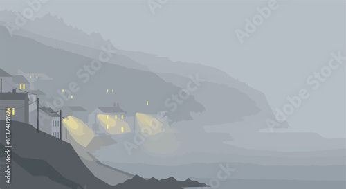 Hilly coastal town on a foggy night with buildings lit from inside and streetlights