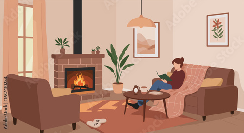 Cozy interior scene with woman reading by fireplace with armchair and coffee table