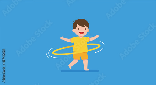 Boy is playing. He has a hula hoop. He is wearing a yellow shirt and shorts