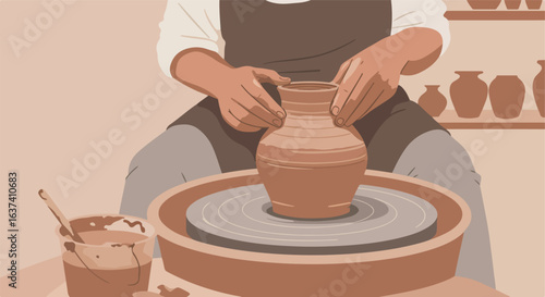 Hands shape pottery on a potter's wheel. Shelves with vases are visible